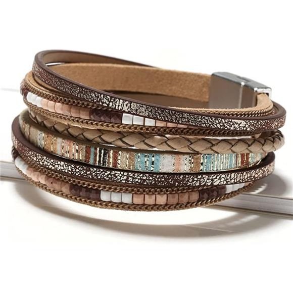 Leather Wrap Bracelets for Women Boho Leopard Multi-Layer Crystal Beads Cuff - Picture 4 of 5